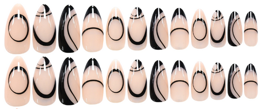 Abstract Black Swirl Press-On Nails – Glossy Almond Set