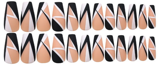 Abstract Black & White Press-On Nail Set – Matte Coffin (Medium Long)
