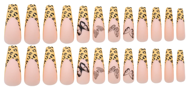 Wild Wings – Leopard French Tip Press-On Nail Set with Butterfly Accents